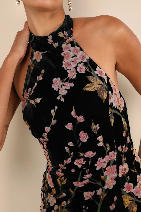 Vestidos formales Weitese para mujer, fabuloso vestido largo sin mangas de terciopelo negro con espalda descubierta y estampado floral de sirena, tiendas de vestidos de fiesta.